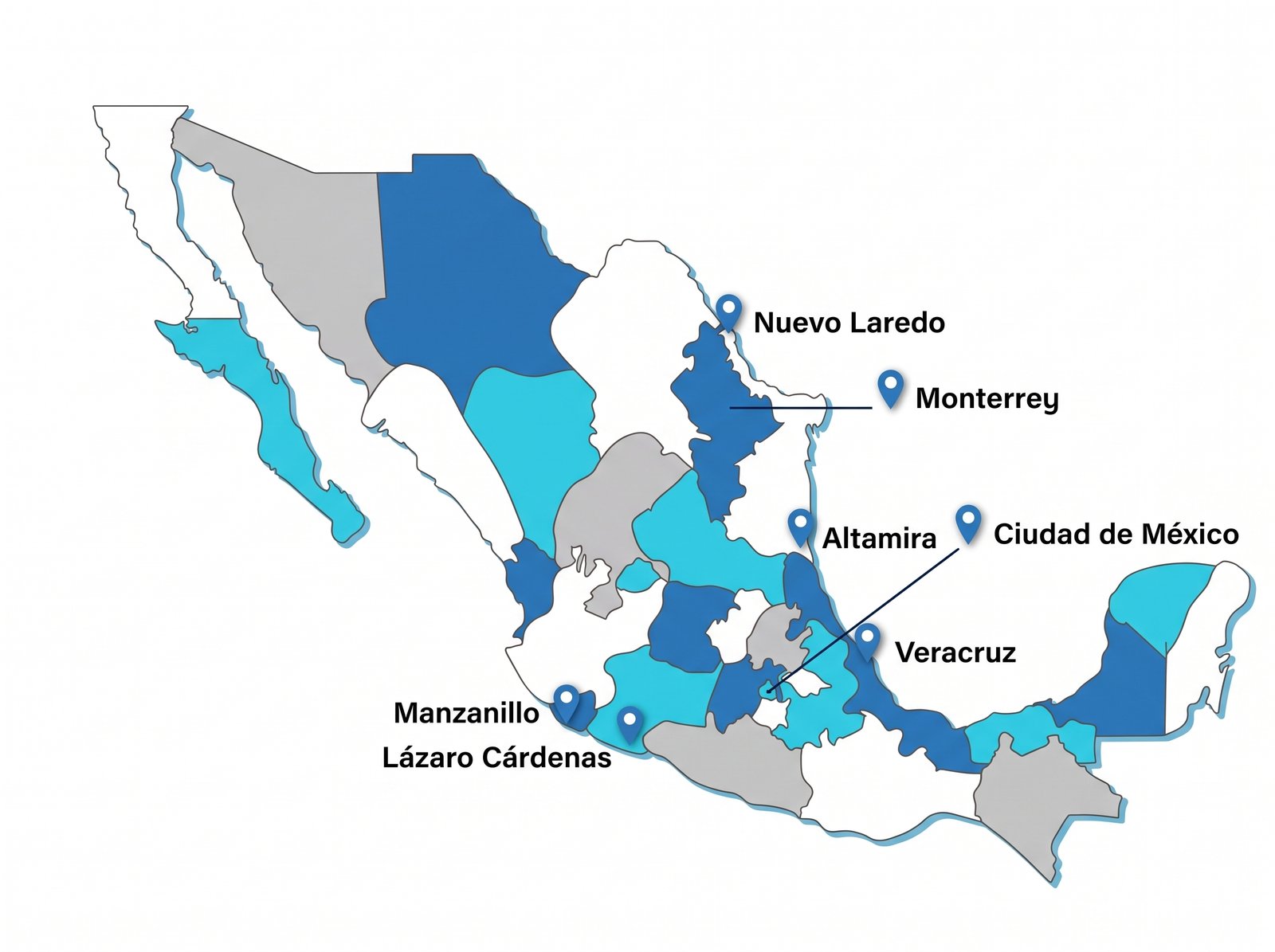 Mapa de México con los 7 puntos donde opera ALS: Nuevo Laredo, Monterrey, Altamira, Veracruz, Ciudad de México, Manzanillo y Lázaro Cárdenas.